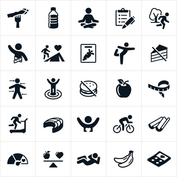 Healthy Lifestyle Icons Icons representing healthy habits for a healthy lifestyle. The icons include eating well, exercising, meditating and other symbols associated with healthy living. yoga icons stock illustrations