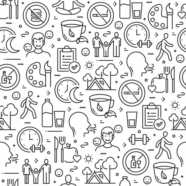 Healthy Lifestyle Related Seamless Pattern and Background with Line Icons. Editable Stroke Healthy Lifestyle Related Seamless Pattern and Background with Line Icons. Editable Stroke smoothie designs stock illustrations