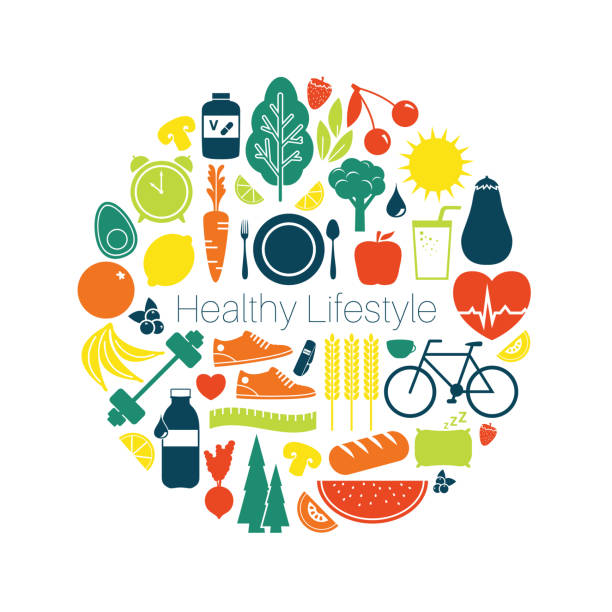 Healthy Lifestyle Vector Icons Collection of fitness, fruits & vegetables and well being icons representing healthy living. Flat icon illustration of new year resolutions, self care, lifestyle changes, health and wellness. healthy eating stock illustrations