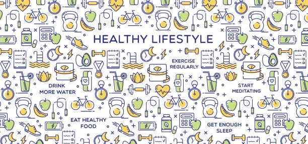 Healthy Lifestyle Vector Illustration, Dieting, Fitness & Nutrition Healthy lifestyle conceptual vector illustration perfect for use in website design, presentations, infographics etc. dieting illustrations stock illustrations