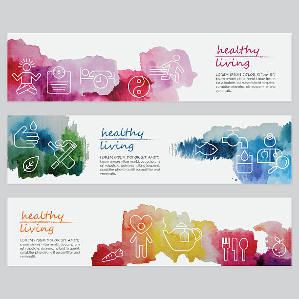 Vector watercolor banners including line icons set depicting healthy lifestyle. List of icons: Meditate; Be a healthy weight; Sleep enough; Manage stress; Be active; Take care for hygiene; Go to nature; Avoid unhealthy habits; Eat sea food; Drink a lot of water; Get check-ups; Eat vegetables; Love yourself; Drink herbal tea; Eat healthy, Eat fruits. Illustration is nicely layered.