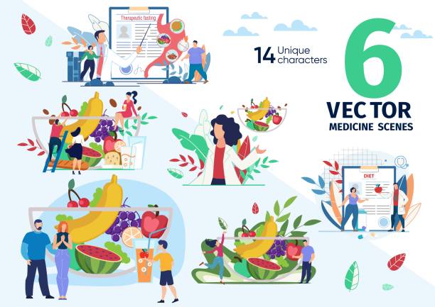Healthy Nutrition and Dieting Vector Scenes Set Healthy Nutrition and Dieting, Therapeutic Fasting for Weight Loss, Ration from Natural Food Trendy Flat Vector Scenes Set. Nutritionist, Fat People, Family Members Bowl with Fruits Illustrations healthy eating stock illustrations