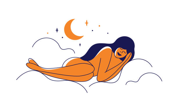 Healthy sleep concept with beautiful woman sleeping on air cozy bed of clouds in starry sky Beautiful woman figure sleeping on air cozy bed of clouds in starry sky. Healthy sleep, self or body care. Night sweet dream vector illustration. Female silhouette in moonlight, stars, crescent moon sleeping silhouettes stock illustrations