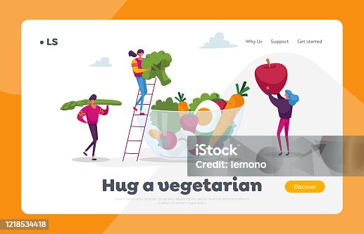 istock Healthy Vegan Food Choice Landing Page Template. Young People Characters Put Huge Vegetables, Berries and Fruits into Glass Bowl. Vitamins in Products, Organic Greenery. Cartoon Vector Illustration 1218534418