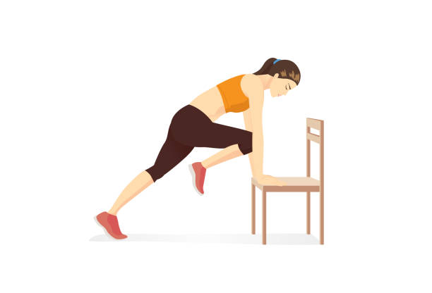 Healthy Woman doing home cardio workout by Mountain Climber posture with Chair.Workout while stay at Home. Healthy Woman doing home cardio workout by Mountain Climber posture with Chair. Illustration about workout while stay at Home. mountain climber exercise stock illustrations