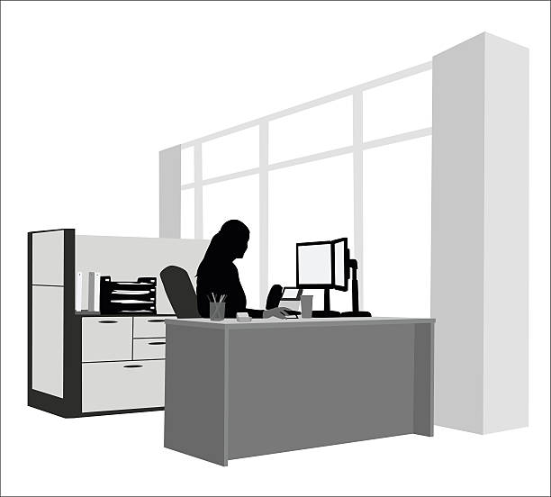 Healthy Work Environment A vector silhouette illustration of a woman working in an office sitting at her desk and looking at her computer.  She's in a cubicle in front of a window. computer silhouettes stock illustrations