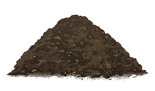 One big brown heap of organic compost in side view isolated illustration, fertile soil for growing garden crops, composting process of fallen leaves, transformation of food waste into fertile soil