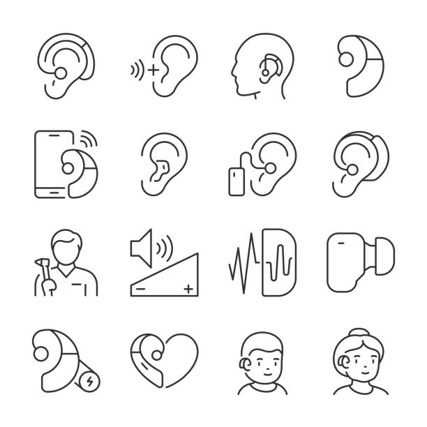 ilustraciones, imágenes clip art, dibujos animados e iconos de stock de conjunto de iconos de audífonos. refuerzo de volumen para oídos, para sordos mayores y jóvenes. para una mejor audición, colección de iconos lineales. línea con trazo editable - hearing aids