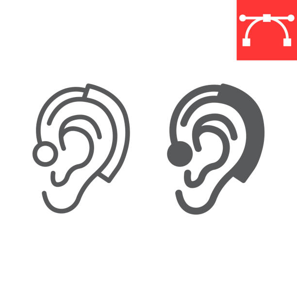 линия слухового аппарата и значок глифа, инвалидность и глухота, графика вектора уха, редактируемый линейный значок хода, eps 10. - hearing aid stock illustrations