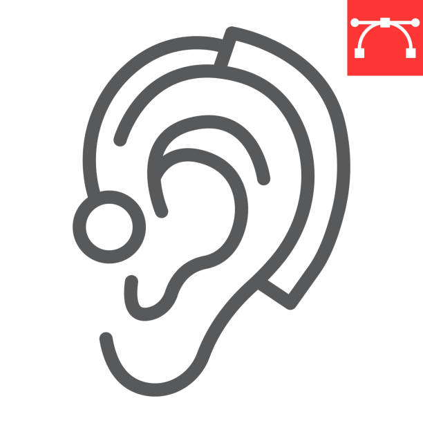 Hearing aid line icon, disability and deafness, ear sign vector graphics, editable stroke linear icon, eps 10. Hearing aid line icon, disability and deafness, ear sign vector graphics, editable stroke linear icon, eps 10 hearing aids stock illustrations