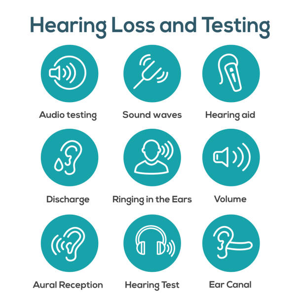 aparat słuchowy lub strata w sound wave images set - hearing aids stock illustrations
