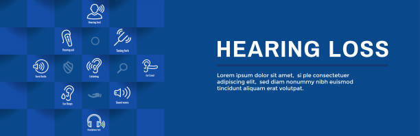 aparat słuchowy lub utrata web header banner w sound wave images set - hearing aids stock illustrations