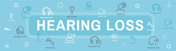 aparat słuchowy lub utrata banera nagłówka sieci web z zestawem obrazów fal dźwiękowych - hearing aids stock illustrations