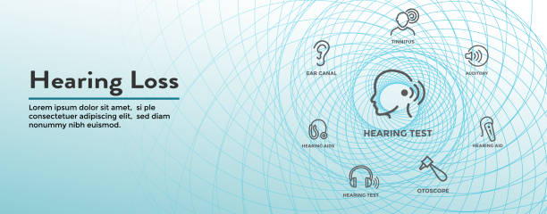 ilustraciones, imágenes clip art, dibujos animados e iconos de stock de prótesis de oído o pérdida banner de encabezado web imágenes con ondas sonoras - hearing aid