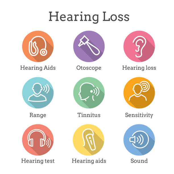 Hearing Aid or loss with Sound Wave Image Hearing Aid or loss w Sound Wave Image Icon Set hearing aid stock illustrations