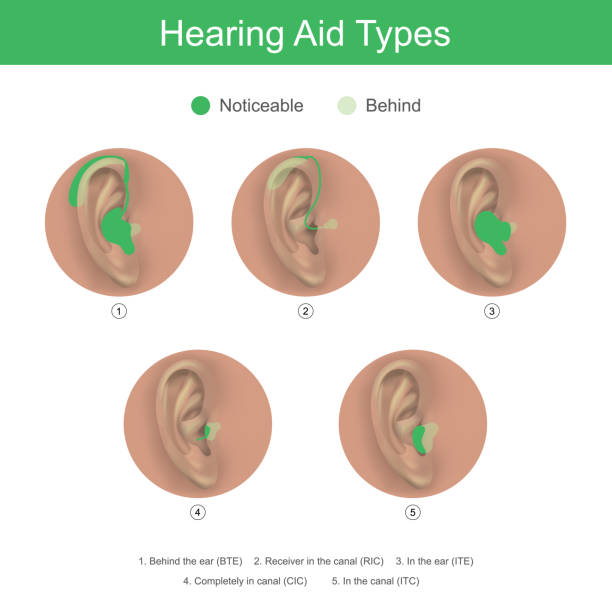 ilustraciones, imágenes clip art, dibujos animados e iconos de stock de tipos de audífonos - hearing aid