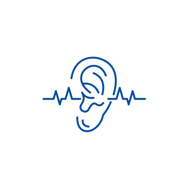 ilustraciones, imágenes clip art, dibujos animados e iconos de stock de concepto de icono de línea de prueba auditiva. prueba de audición símbolo de vector plano, signo, ilustración de contorno. - hearing aid