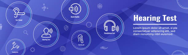 test słuchu w aparat słuchowy lub utrata / sound wave obrazy ustaw web header banner - hearing aids stock illustrations