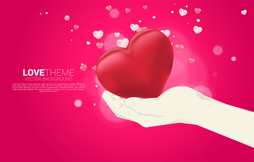 Heart 3D balloon flying from hand background concept.