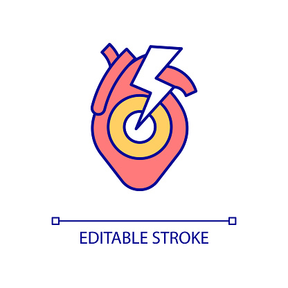 Heart attack RGB color icon. Myocardial infarction. Emergence health threat. Acute coronary artery disease. Isolated vector illustration. Simple filled line drawing. Editable stroke. Arial font used