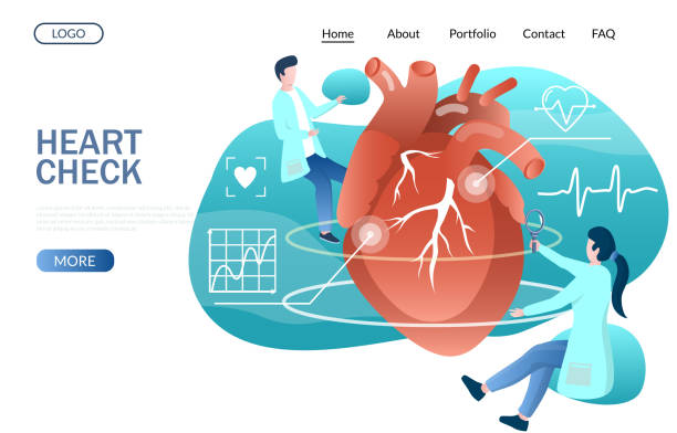 ilustrações, clipart, desenhos animados e ícones de modelo de design de página de destino do site vetor de verificação cardíaca - cardiologista