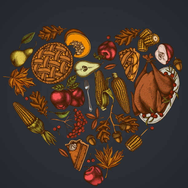 ilustraciones, imágenes clip art, dibujos animados e iconos de stock de diseño del corazón sobre fondo oscuro con calabaza, tenedor, cuchillo, peras, pavo, pastel de calabaza, tarta de manzana, maíz, manzanas, rowan, arce, roble - thanksgiving diner