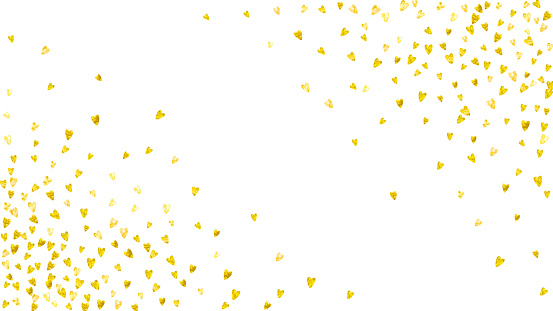 Heart frame background with gold glitter hearts. Valentines day. Vector confetti. Hand drawn texture.