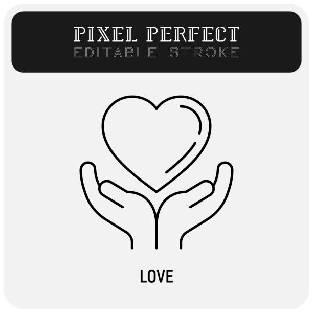 Heart in human hands thin line icon. Pixel perfect, editable stroke. Vector illustration of love, support, medical help or charity. vector art illustration