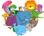 Heart Love Shape made of Wild Jungle Animals, with fish, turtle, tortoise, bear, bird, hippo, elephant, crocodile, bear, whale, rabbit, octopus, mouse, vector illustration. 