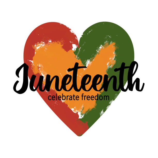 심장 모양 아프리카 색상 - 빨간색, 노란색, 녹색 벡터 그런 지 페인트 브러시 질감. juneteenth를위한 예술적 인사말 카드. 자유를 축하하십시오. 티셔츠 프린트 - juneteenth stock illustrations