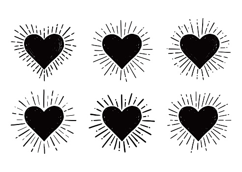 Heart hipster sunburst. Hand drawn sketch style. Black heart vector illustration for grunge frame, love quote.