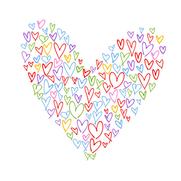 ilustrações, clipart, desenhos animados e ícones de colagem da forma do coração feita dos corações handdrawn coloridos multi - gay
