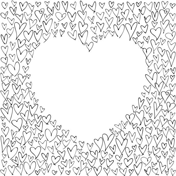 Heart shape empty space on chaotic abstract hand-drawn hearts background White space for your message on a collage black and white background made from many stroked hearts maze borders stock illustrations