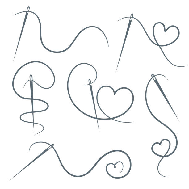 stockillustraties, clipart, cartoons en iconen met hart met een pictogram van de naalddraad voor ontwerp op wit, reeks verschillende vorm van harten. vectorillustratie - garen naaigerei