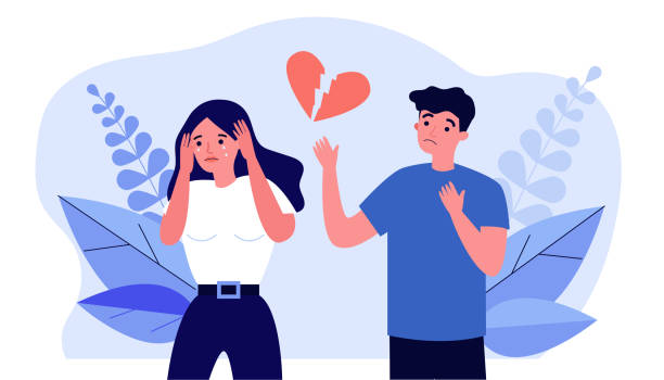Heartbroken couple splitting up Heartbroken couple splitting up. Stressed upset man and crying woman separating flat vector illustration. Breakup, unhappy relationship concept for banner, website design or landing web page divorce backgrounds stock illustrations