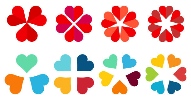Hearts arranged in circle forming flower like shape three to six icon version - can be used as infographics element vector art illustration