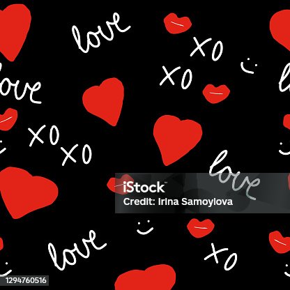 istock hearts, lips, love lettering and kisses seamless pattern. vector hand drawn doodle. wallpaper, textiles, wrapping paper. red, valentines day, wedding. 1294760516