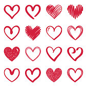 Set of hand drawn vector hearts. Doodle design elements isolated on white background.