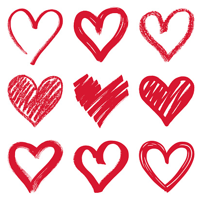 Set of hand drawn red hearts. Vector design elements isolated on white background.