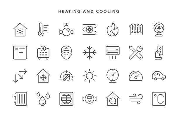 illustrazioni stock, clip art, cartoni animati e icone di tendenza di icone di riscaldamento e raffreddamento - tech house