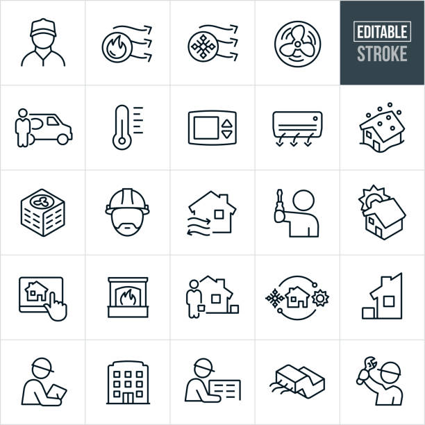 Heating and Cooling Line Icons - Editable Stroke A set of heating and cooling icons that include editable strokes or outlines using the EPS vector file. The icons include HVAC, heating, cooling, air conditioner, blue collar worker, serviceman, thermometer, thermostat, blizzard, technician, hard hat, fireplace, home automation, installation and repair to name a few. storm icons stock illustrations