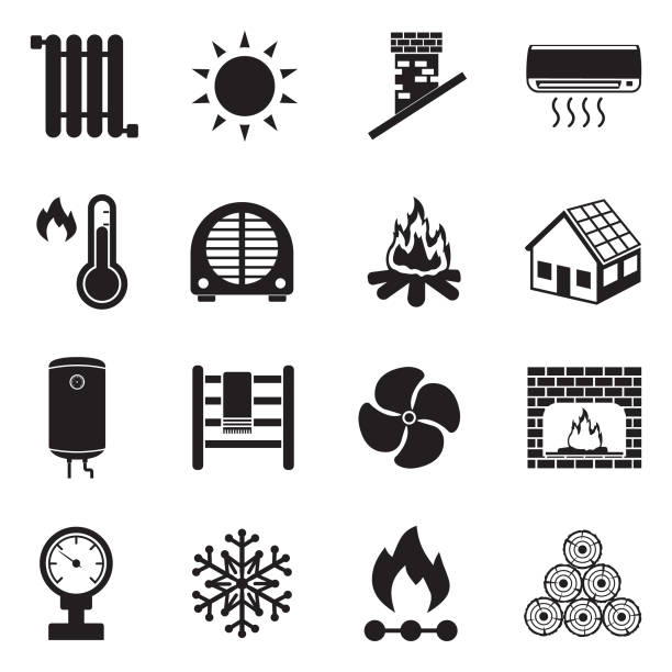 illustrazioni stock, clip art, cartoni animati e icone di tendenza di icone di riscaldamento. design piatto nero. illustrazione vettoriale. - riscaldamento