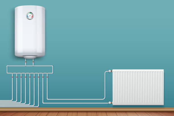 illustrations, cliparts, dessins animés et icônes de radiateur de chauffage et chaudière en salle - chauffage