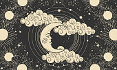 istock Heavenly banner, crescent moon with a face on a cosmic black background. Illustration for astrology, divination, tarot. Fabulous vector illustration, vintage design. 1311013171