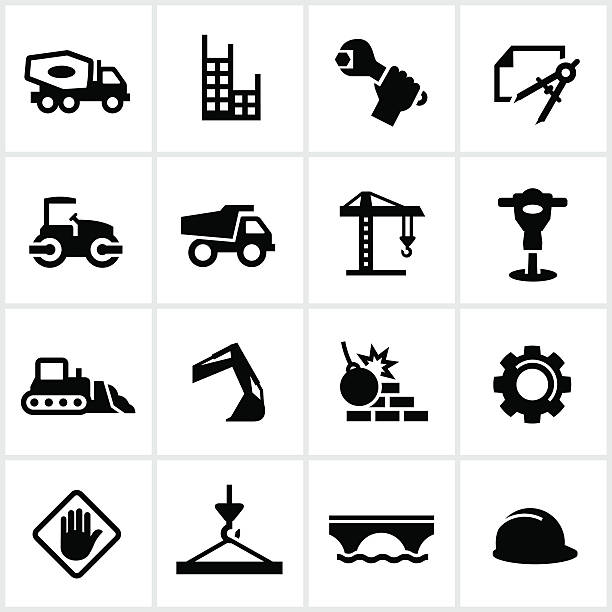 Heavy Construction Icons Black heavy construction icons including a cement truck, dump truck, crane, bulldozer, and other heavy equipment related tools and machinery. demolished stock illustrations