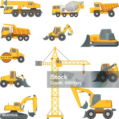 istock Heavy construction machines. Excavator, bulldozer and other technique. Vector illustrations in cartoon style 803011026