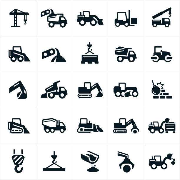 Heavy Equipment Icons An icon set of heavy equipment such as cranes, dump trucks, excavator, fork lift, loader, grader, wrecking ball, cement truck and bulldozer to name a few. manufacturing equipment stock illustrations