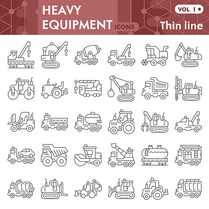 Heavy equipment thin line icon set, Special machinery symbols collection or sketches. Trucks linear style signs for web and app. Vector graphics isolated on white background