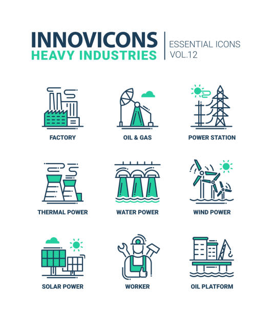 schwerindustrie icons set - icon renewable solar thermal energy stock-grafiken, -clipart, -cartoons und -symbole