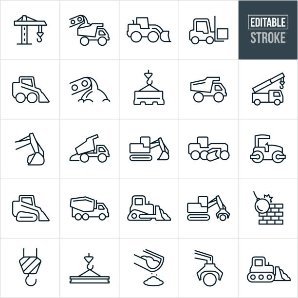 Heavy Machinery Thin Line Icons - Editable Stroke A set of heavy machinery icons that include editable strokes or outlines using the EPS vector file. The icons include a construction crane, dump truck, forklift, front loader, conveyor belt, dump truck being loaded, excavator, road grader, wrecking ball, asphalt roller, cement truck, bulldozer and others. crane machinery stock illustrations